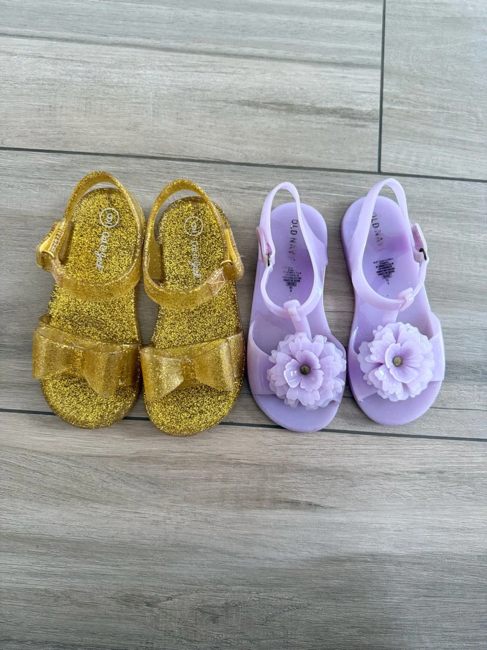 Cat & Jack Gold Glitter Sandals & Old Navy Lavender Floral Jelly Sandals size 9 - Picture 1 of 5